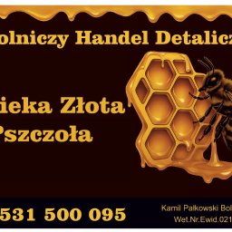 Printio Studio - Grafika reklamowa pasieki z motywem plastra miodu, pszczoły i napisem 'Pasieka Złota Pszczoła', zawierająca dane kontaktowe.