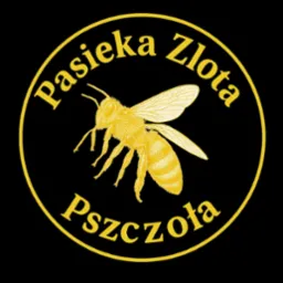 Złote logo pasieki z wizerunkiem pszczoły na czarnym tle, otoczone okręgiem z napisem 'Pasieka Złota Pszczoła'.