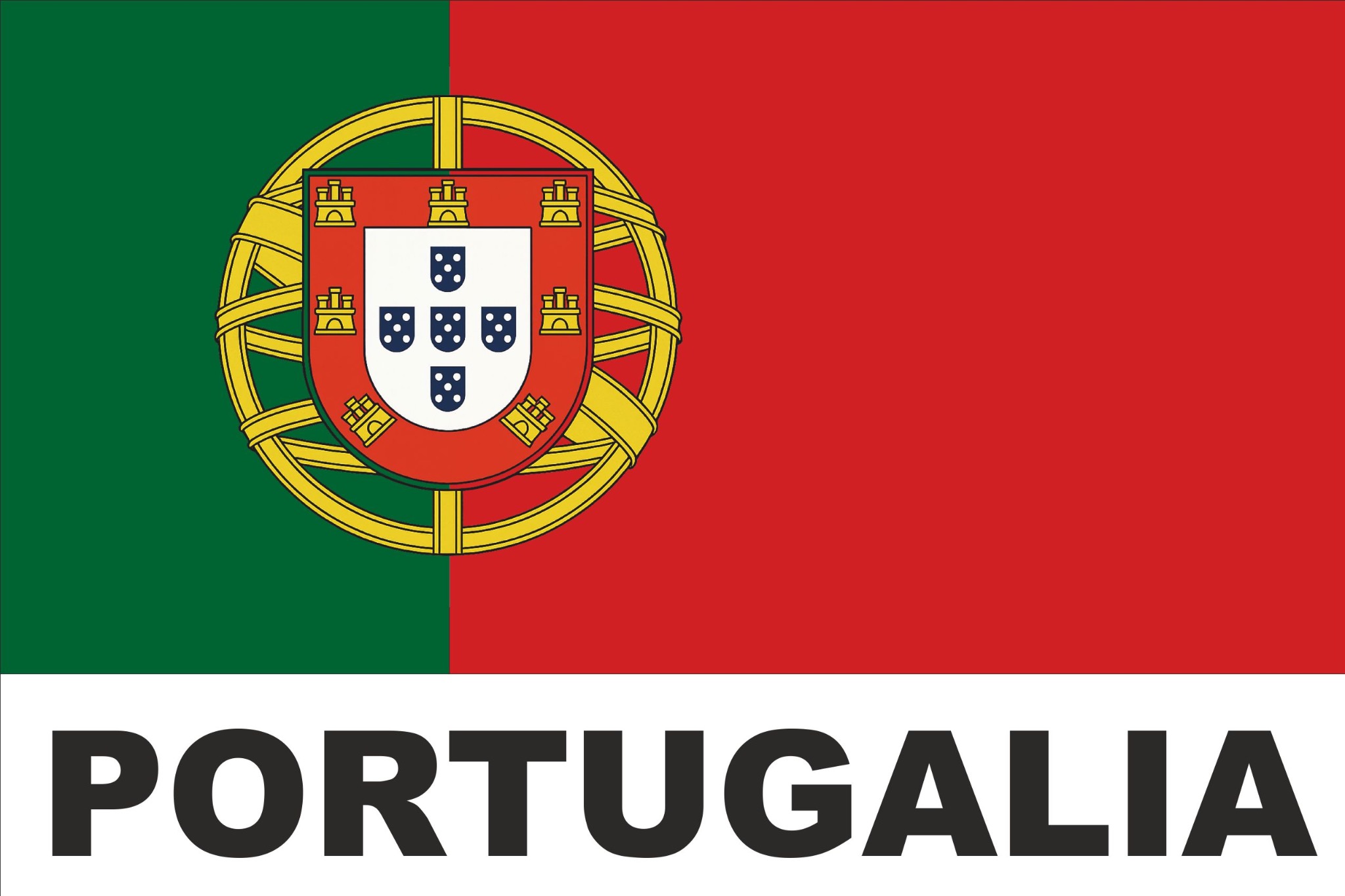 Grafika przedstawiająca flagę Portugalii z napisem 'PORTUGALIA' na dole, wykonana w technice druku cyfrowego.