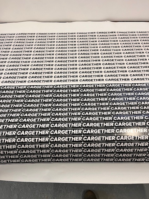 Naklejki firmowe CARGETHER - czarni-białe, druk na folii monomeryczna z wycinaniem ploterowym.