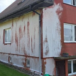 GNHome - Dom z częściowo umytą elewacją, ukazujący kontrast przed i po czyszczeniu. Widoczne zacieki i różnica w kolorze. Ujęcie z ogrodu, zieleń trawy i roślin w tle.