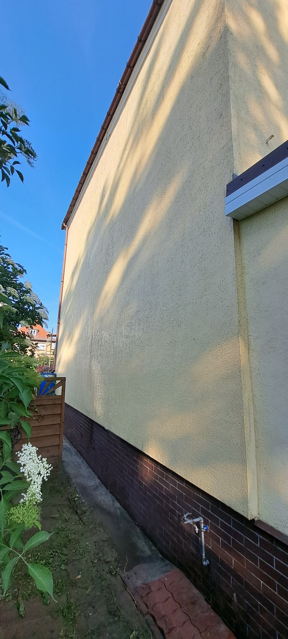 Jasna elewacja domu z brązową cegłą u podstawy, widziana z boku w słoneczny dzień. Widoczne fragmenty zieleni i niebieskiego nieba. Tekstura tynku barankowego.