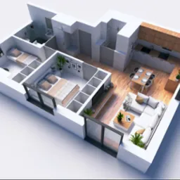 Rzut 3D mieszkania z dwoma sypialniami, łazienką, kuchnią z jadalnią i salonem, widok z góry, pokazujący układ funkcjonalny i rozmieszczenie mebli.