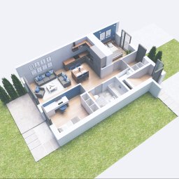 MASS STUDIO - Przekrój 3D domu jednorodzinnego ukazujący salon z szarą sofą i niebieskimi poduszkami, kuchnię z drewnianymi blatami, sypialnię z niebieską ścianą i łazienkę, otoczony ogrodem z trawnikiem i tujami.