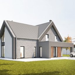 MASS STUDIO - Wizualizacja nowoczesnego domu jednorodzinnego z szarej cegły i grafitowym dachem, z podjazdem i białym samochodem na tle zielonego trawnika i sąsiedniego budynku.