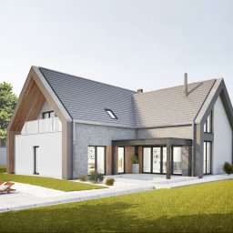MASS STUDIO - Wizualizacja nowoczesnego domu jednorodzinnego z szarą dachówką, jasną elewacją, drewnianymi elementami wykończeniowymi i tarasem z leżakami.