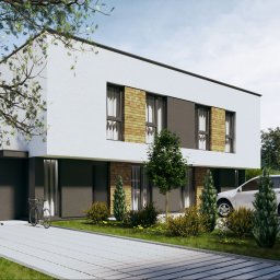 MASS STUDIO - Nowoczesny, dwukondygnacyjny dom z białym tynkiem i elementami z cegły klinkierowej, z rowerem opartym o ścianę i białym SUV-em zaparkowanym obok.