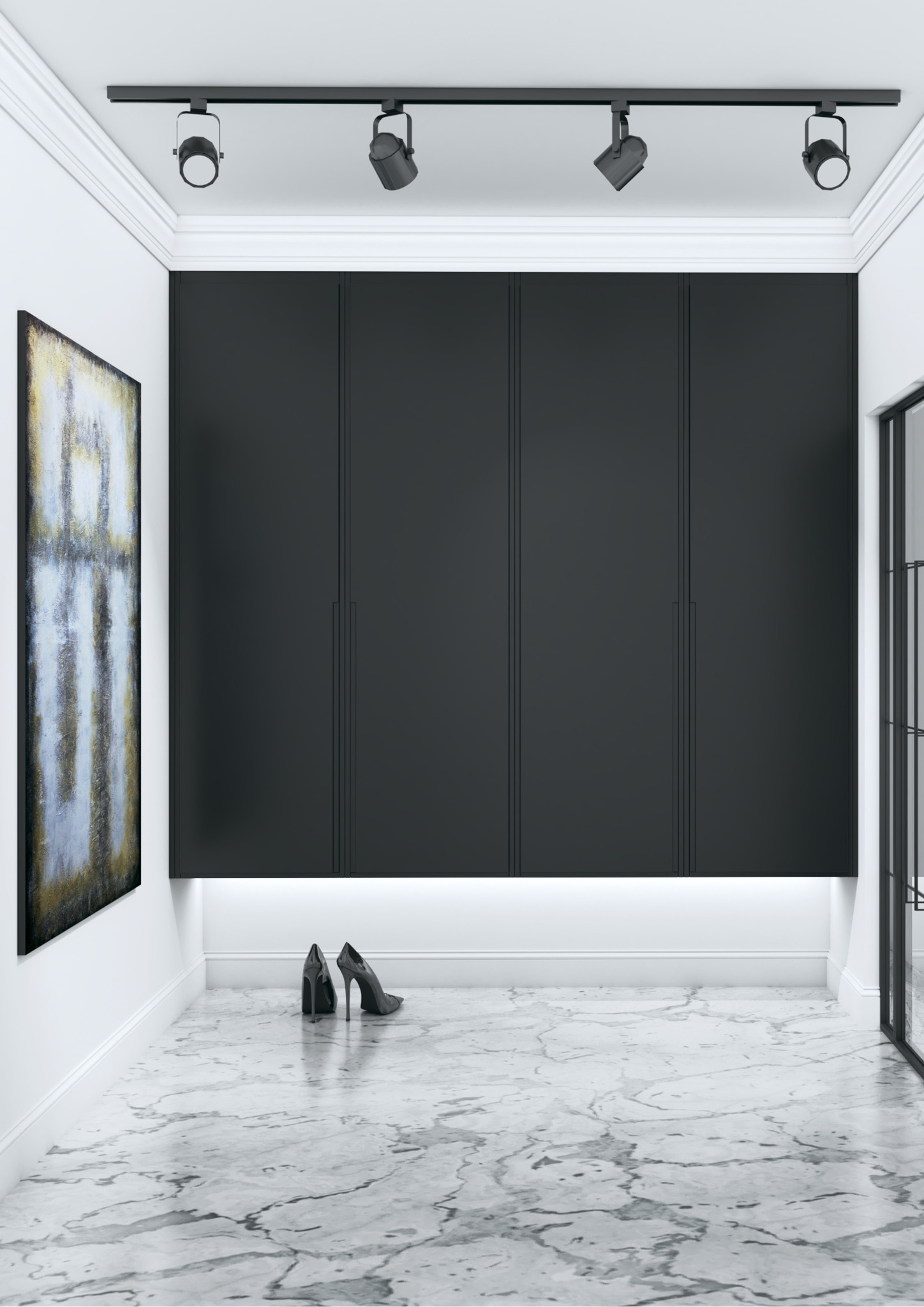 Minimalistyczne wnętrze z czarną zabudową szaf wnękowych, marmurową podłogą, nowoczesnym oświetleniem punktowym, obrazem na ścianie i parą czarnych szpilek na podłodze.