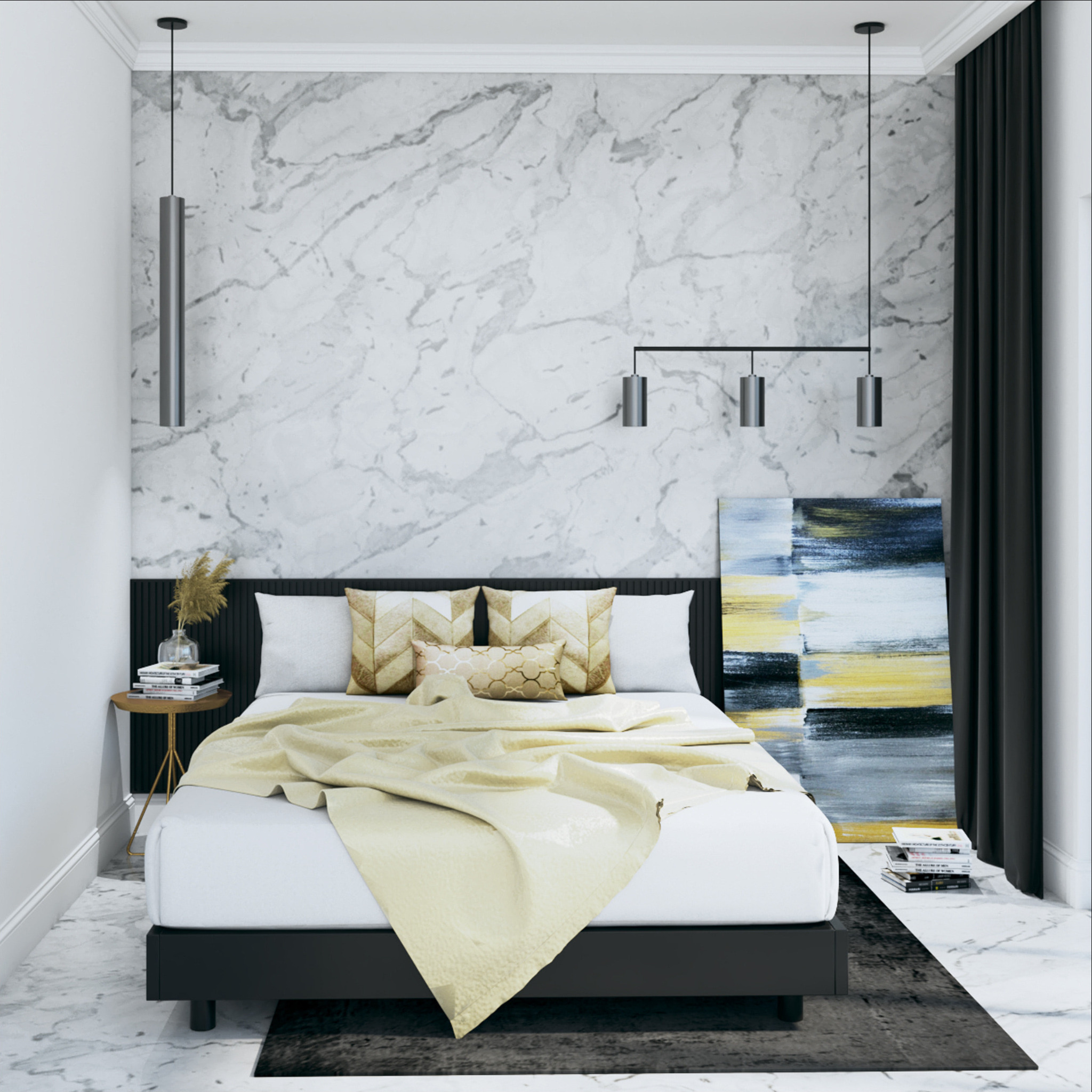 Nowoczesna sypialnia z łóżkiem na czarnej ramie, marmurową ścianą, abstrakcyjnym obrazem i lampami wiszącymi o cylindrycznym kształcie.