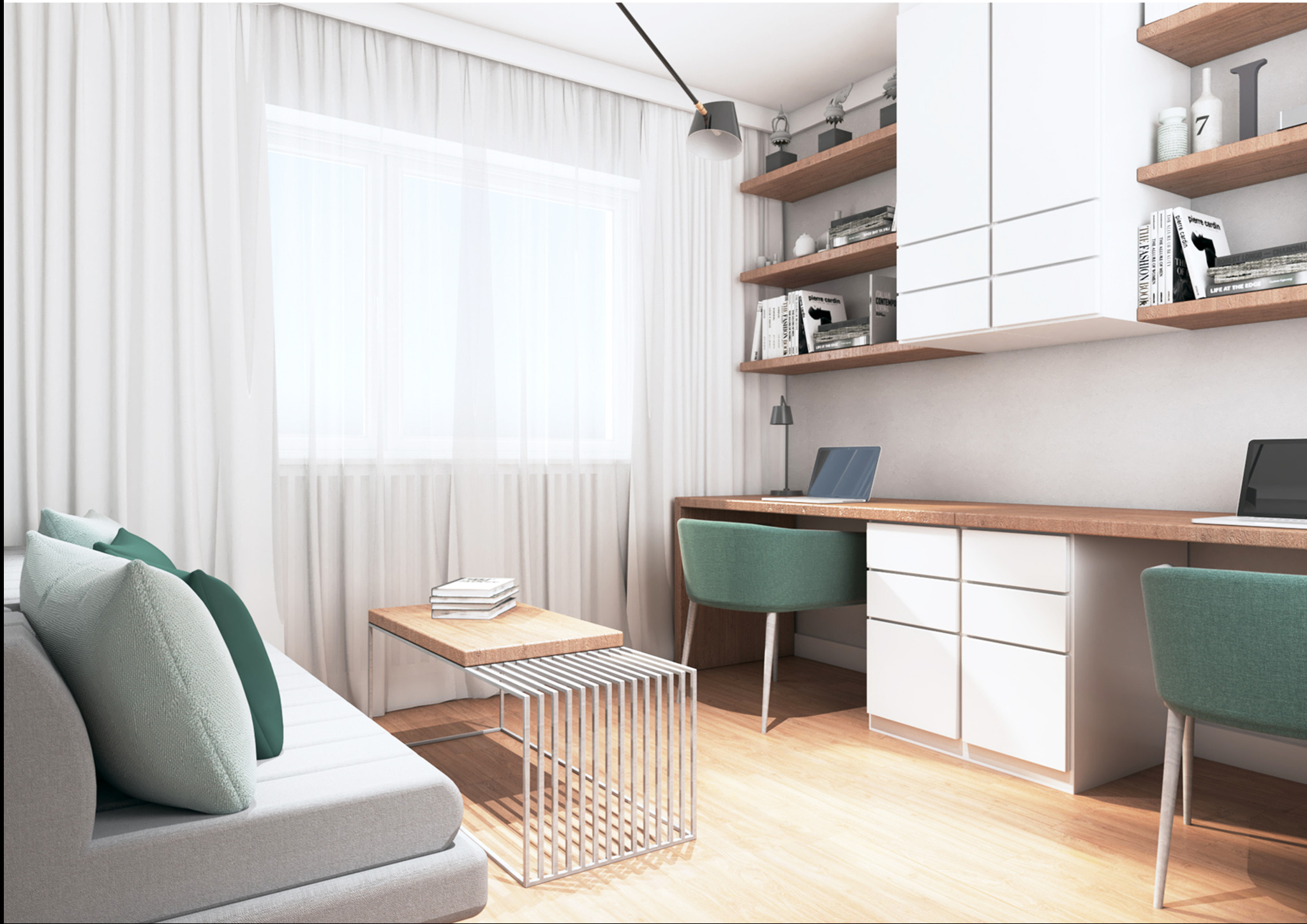 Wizualizacja jasnego pokoju z miejscem do pracy: sofa z zielonymi poduszkami, biurko z dwoma stanowiskami pracy, zielone krzesła, półki z książkami i dekoracjami, białe zasłony w oknie.