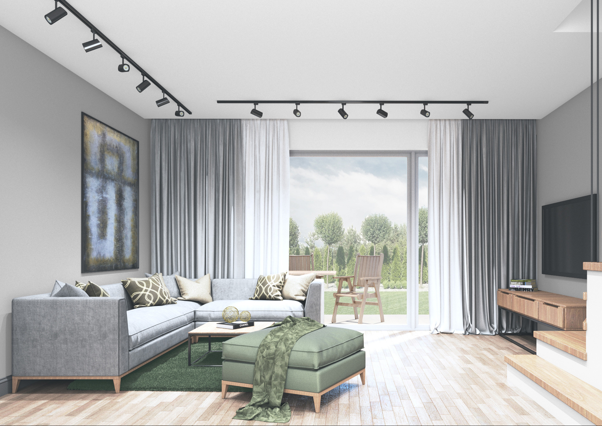 Jasny salon z narożną sofą, pufą z zielonym pledem, drewnianą podłogą i dużym oknem z widokiem na ogród. Na ścianie abstrakcyjny obraz, a na suficie czarne reflektory.