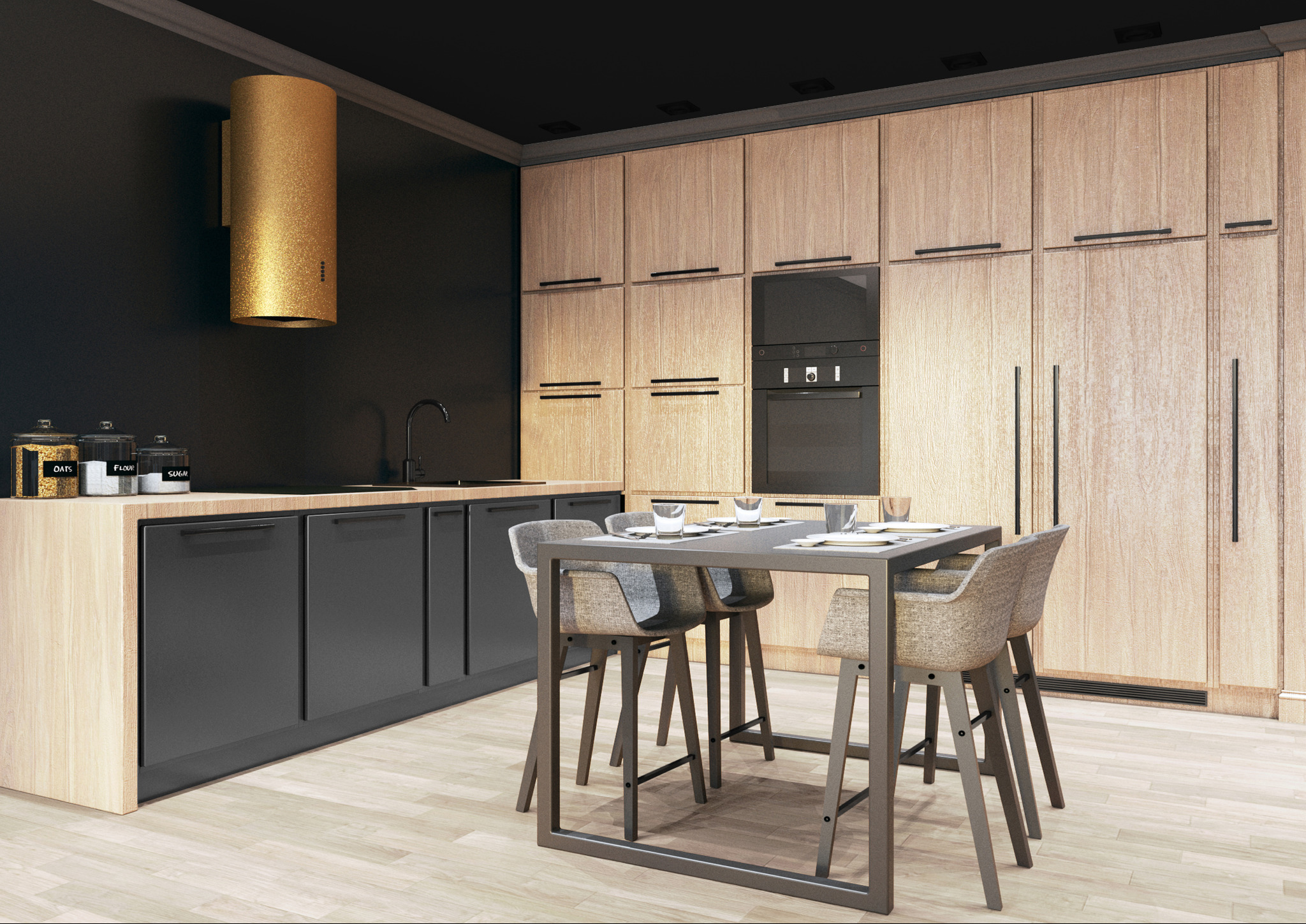 Nowoczesna kuchnia z drewnianymi szafkami, czarnymi blatami i złotym okapem cylindrycznym. Stół barowy z czterema krzesłami i nakryciem stoi na pierwszym planie.