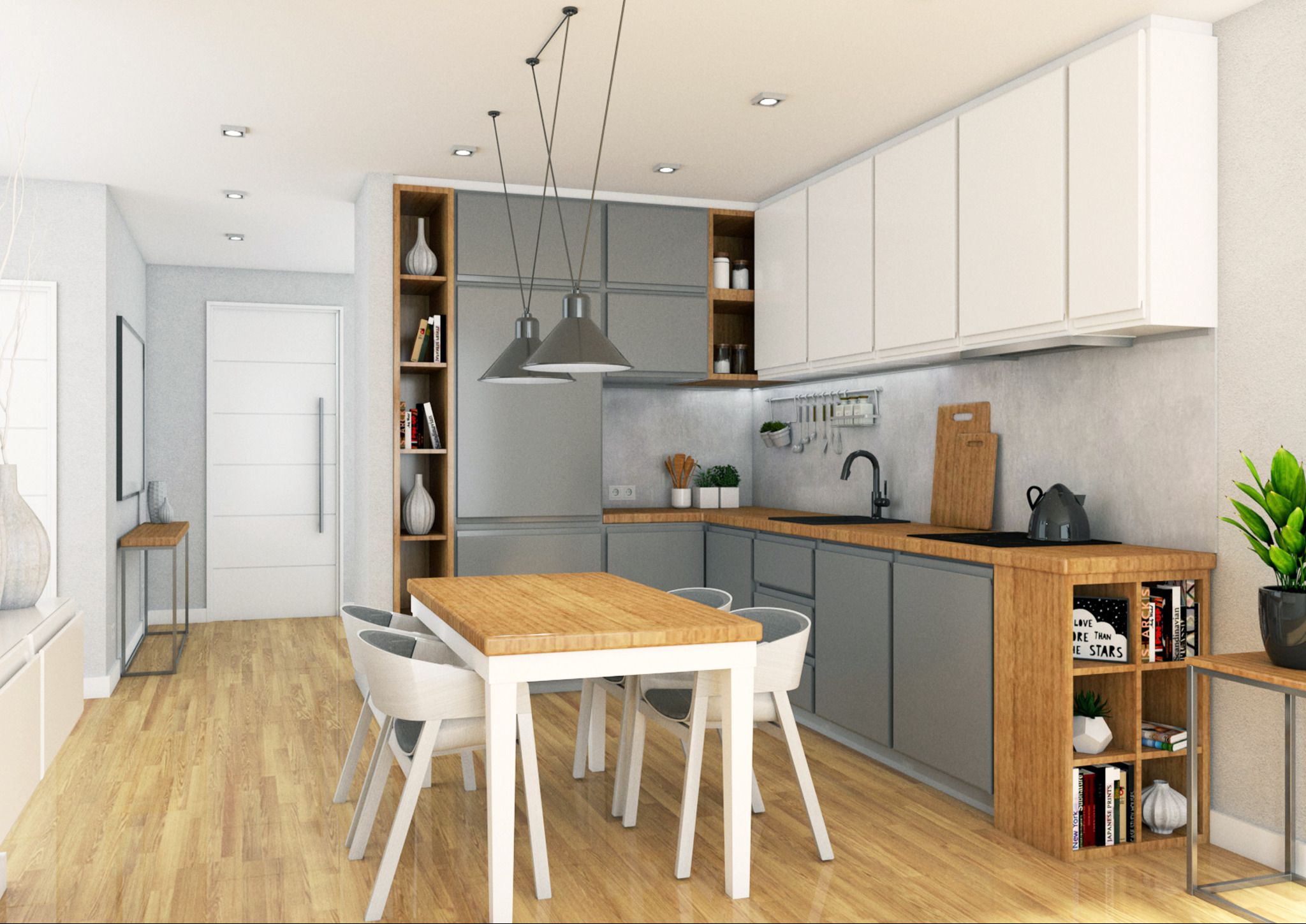 Wizualizacja jasnej, nowoczesnej kuchni z drewnianym stołem i białymi krzesłami, szarymi szafkami i drewnianymi akcentami, oświetlona trzema lampami wiszącymi w stylu industrialnym.