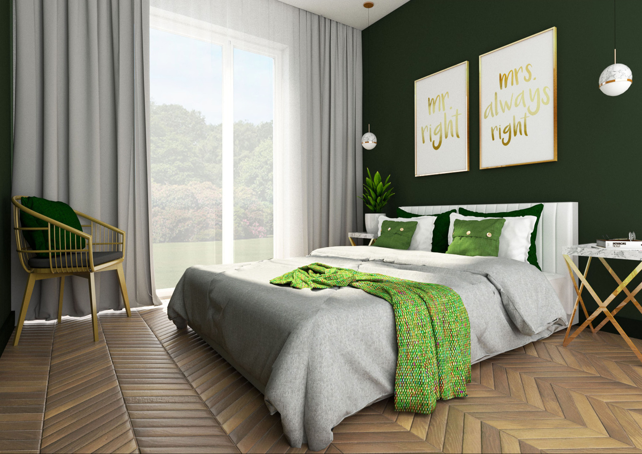 Nowoczesna sypialnia z łóżkiem, drewnianą podłogą ułożoną w jodełkę, zieloną ścianą, złotym krzesłem i dekoracyjnymi obrazami z napisem w złotych ramkach.