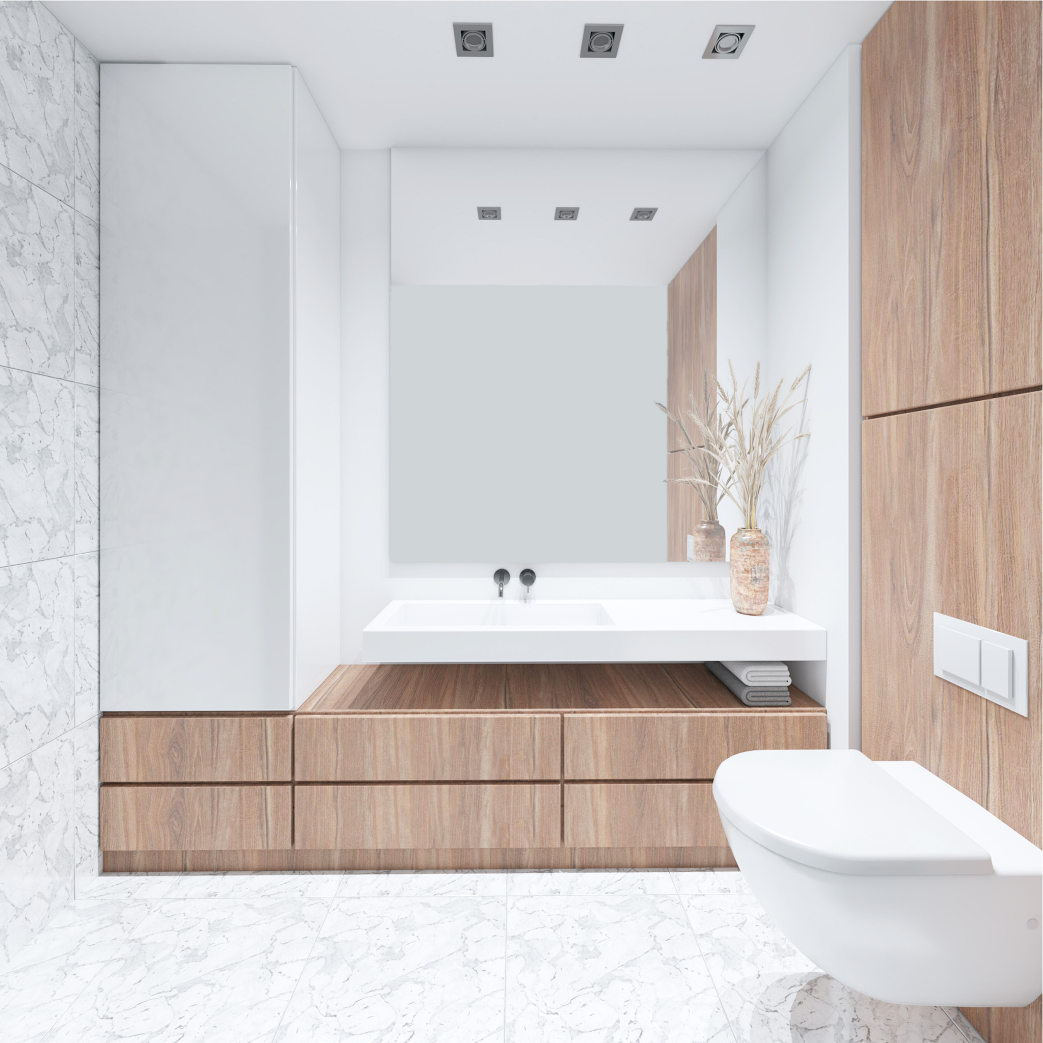 Nowoczesna łazienka z marmurową podłogą i ścianą, drewnianymi szafkami pod umywalką i wiszącą toaletą, minimalistyczna armatura i oświetlenie punktowe.