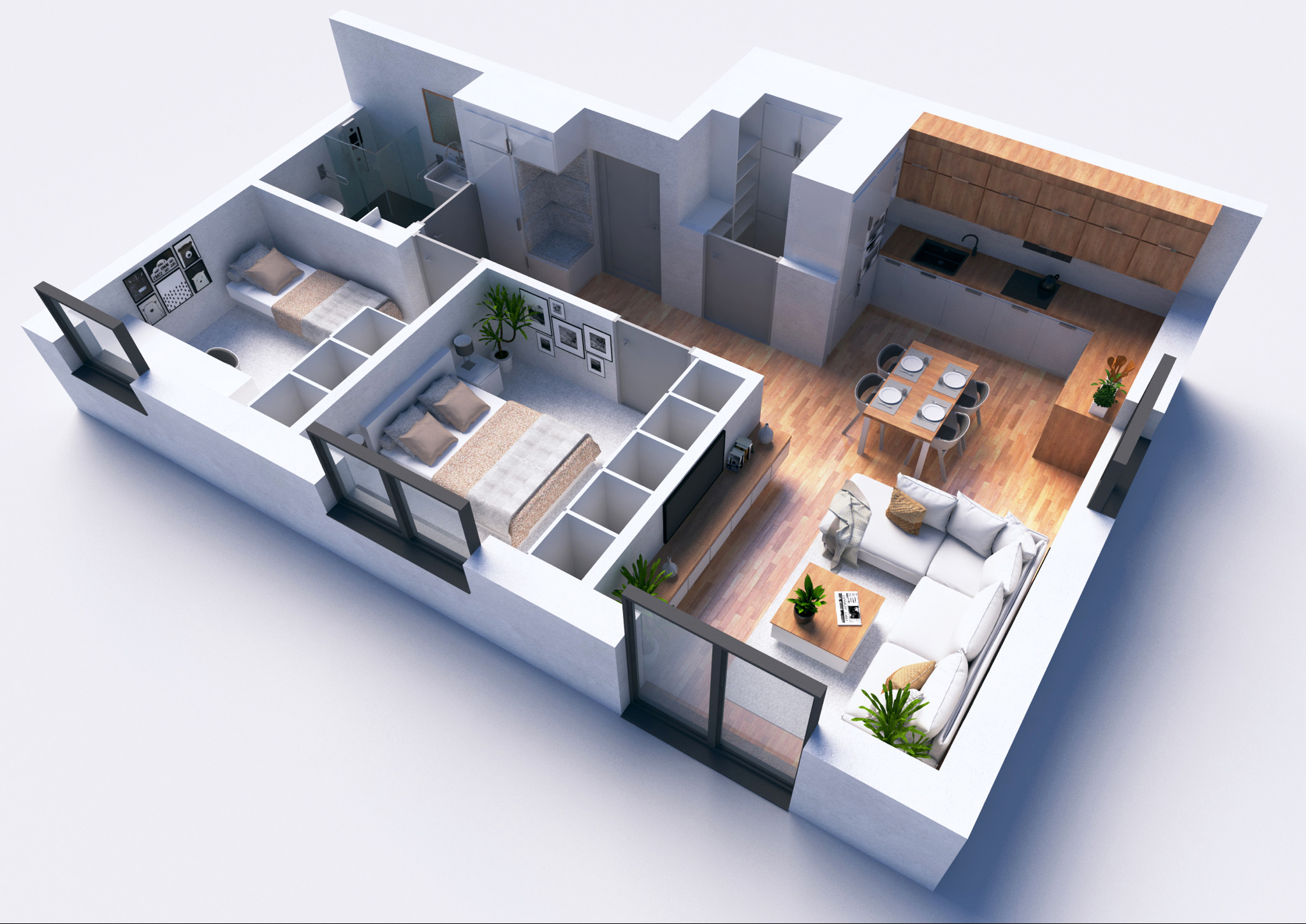 Rzut 3D mieszkania z dwoma sypialniami, łazienką, kuchnią z jadalnią i salonem, widok z góry, pokazujący układ funkcjonalny i rozmieszczenie mebli.