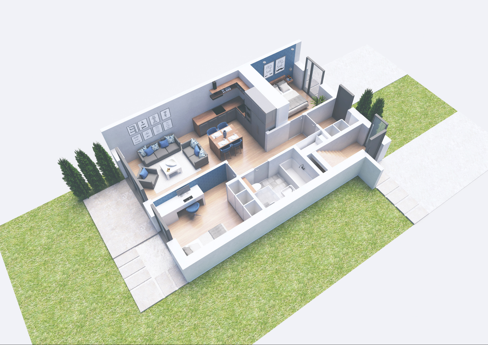 Przekrój 3D domu jednorodzinnego ukazujący salon z szarą sofą i niebieskimi poduszkami, kuchnię z drewnianymi blatami, sypialnię z niebieską ścianą i łazienkę, otoczony ogrodem z trawnikiem i tujami.
