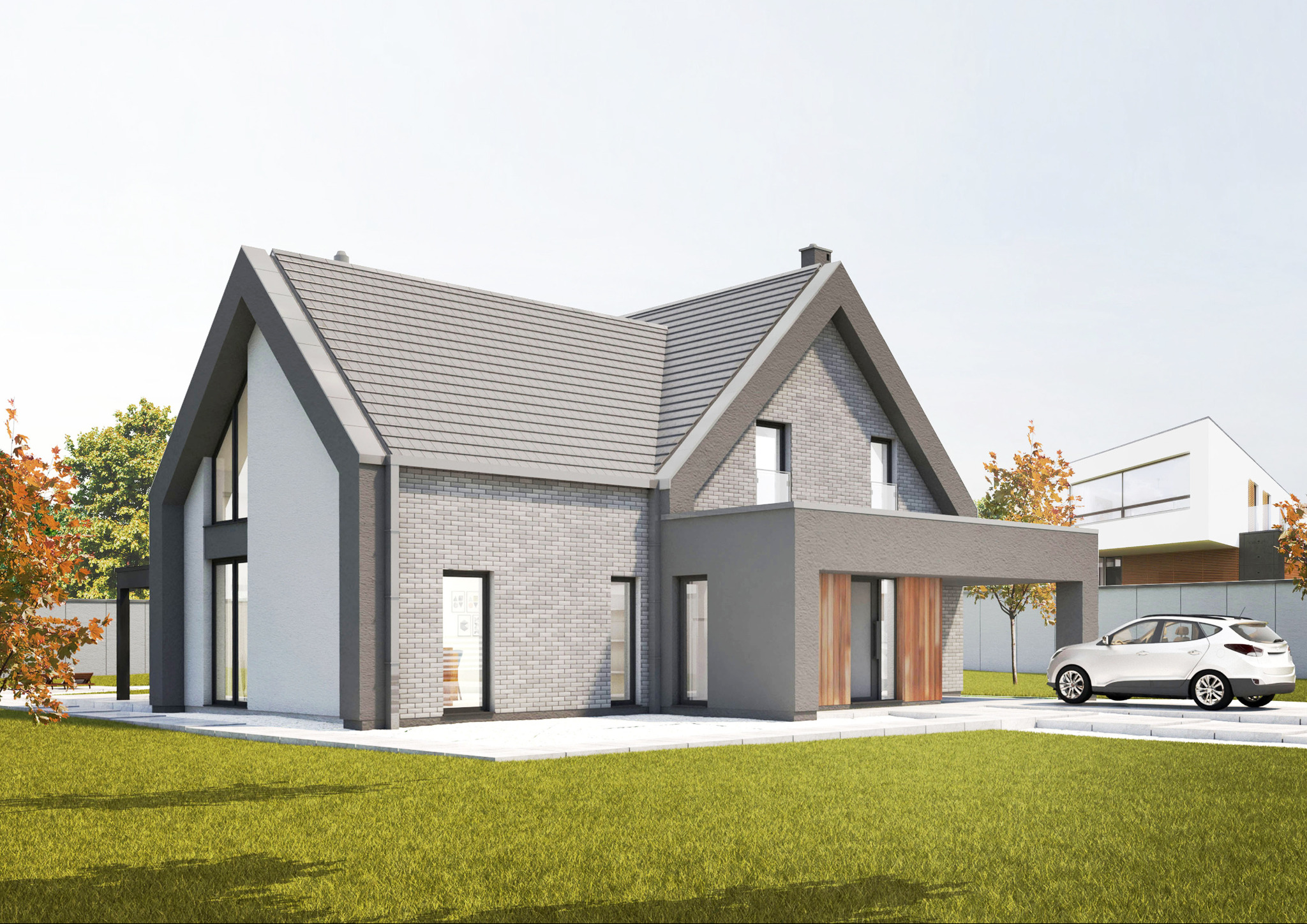 Wizualizacja nowoczesnego domu jednorodzinnego z szarej cegły i grafitowym dachem, z podjazdem i białym samochodem na tle zielonego trawnika i sąsiedniego budynku.