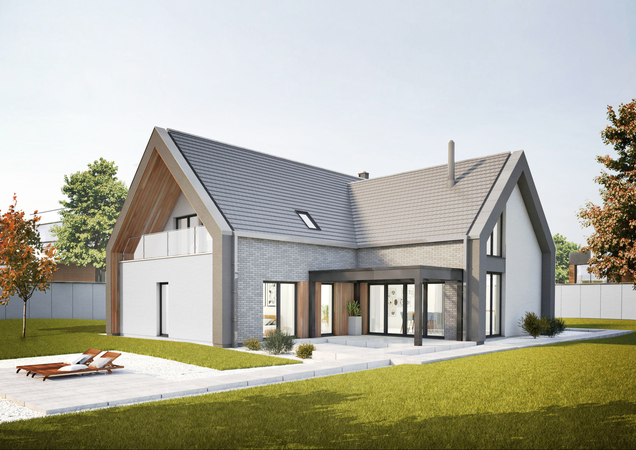 Wizualizacja nowoczesnego domu jednorodzinnego z szarą dachówką, jasną elewacją, drewnianymi elementami wykończeniowymi i tarasem z leżakami.