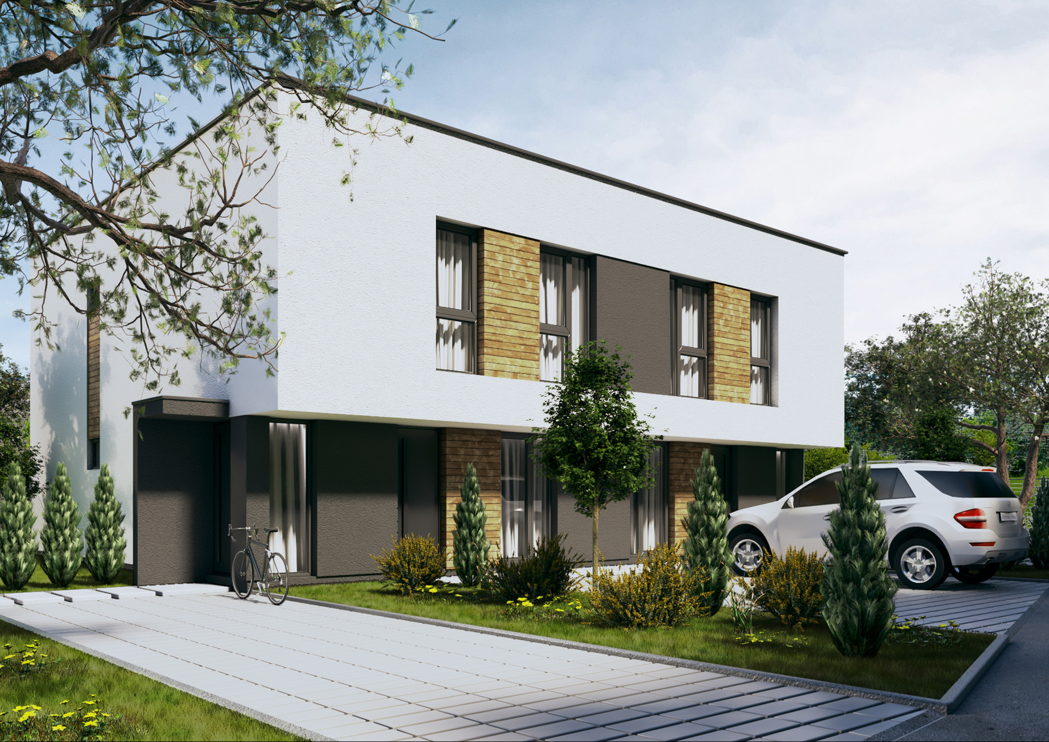 Nowoczesny, dwukondygnacyjny dom z białym tynkiem i elementami z cegły klinkierowej, z rowerem opartym o ścianę i białym SUV-em zaparkowanym obok.