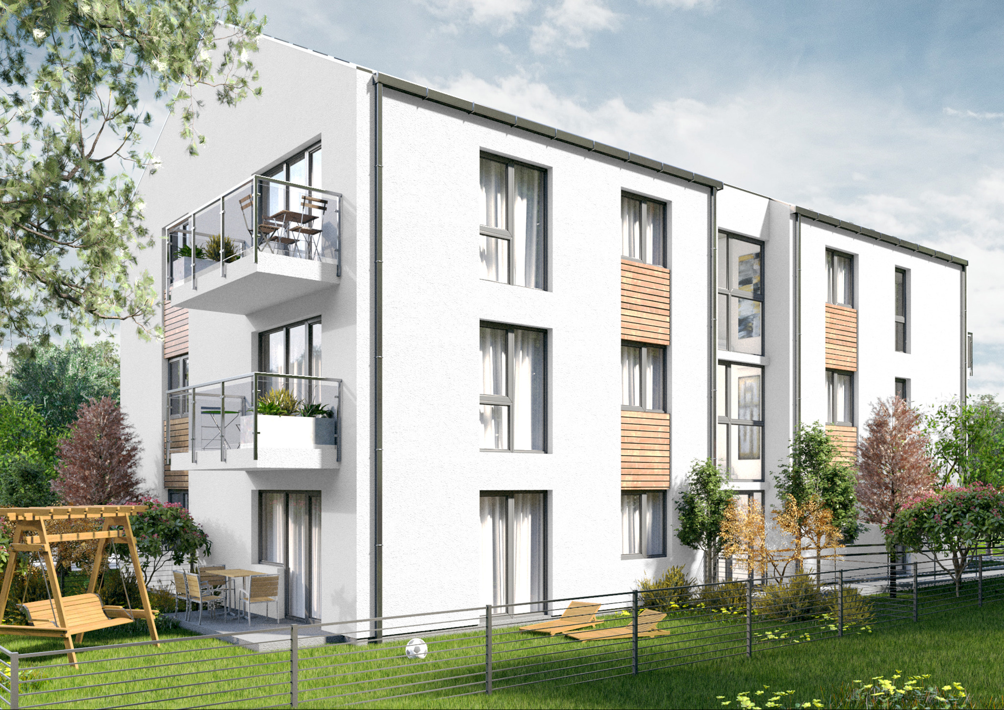 Wizualizacja nowoczesnego, trzypiętrowego budynku mieszkalnego z białymi ścianami i drewnianymi akcentami, balkonami z metalowymi barierkami, drewnianą huśtawką ogrodową i leżakami na trawniku.