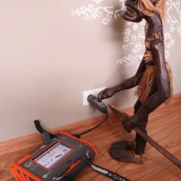 Miernik elektryczny Sonel podłączony do gniazdka, obok drewniana rzeźba afrykańska. Pomiar impedancji pętli zwarcia w pomieszczeniu z dekoracyjną ścianą.