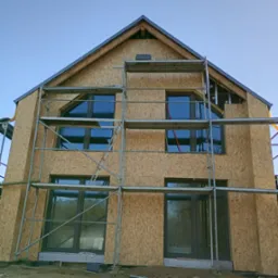 Budynek w trakcie budowy, widoczne płyty OSB na elewacji, okna z ciemnymi ramami oraz rusztowanie, ziemia wok&oacute;ł budynku.