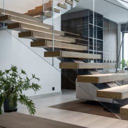 PERFECT - Nowoczesne schody drewniane z podświetleniem LED i szklaną balustradą, widok z dołu, z rośliną doniczkową w tle, minimalistyczny design.