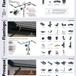 PERFECT - Katalog systemów rynnowych Budmat Flamingo i Proaqua, prezentujący różne elementy, wymiary i kolory, z uwzględnieniem przekroju rynny zamontowanej na dachu.