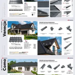 Katalog Budmat prezentujący blachodachówki modułowe Garda, Venecja i Como wraz z obróbkami dachowymi i parametrami technicznymi.