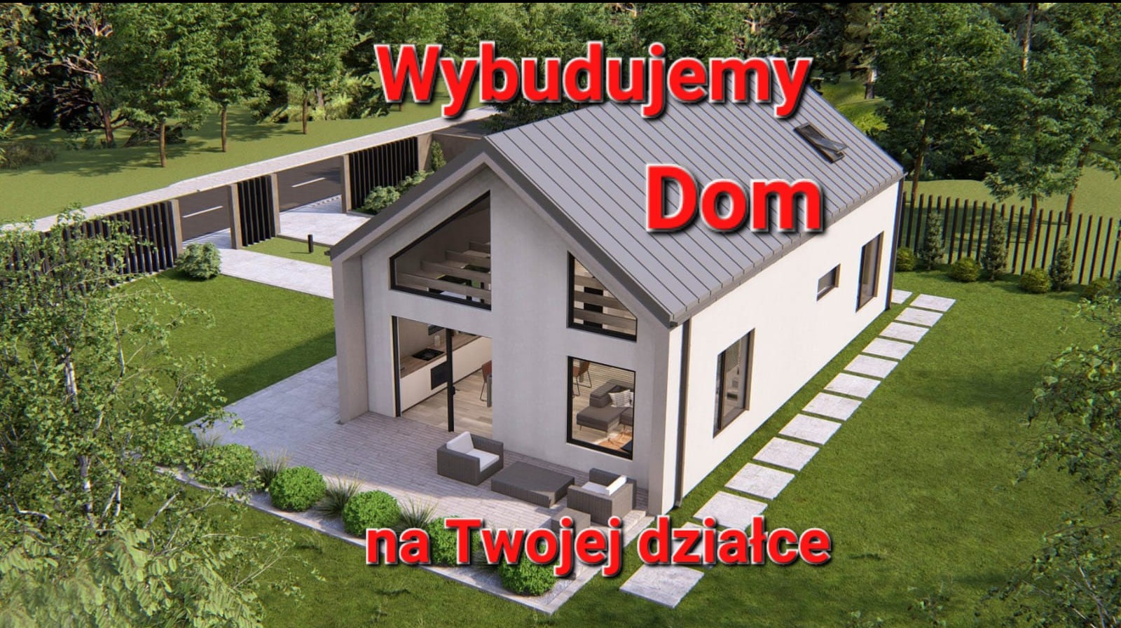 Wizualizacja nowoczesnego domu z szarą dachówką i dużymi oknami, otoczonego zielonym trawnikiem i drzewami, z widocznym zadaszeniem na samochody i ścieżką z płyt.