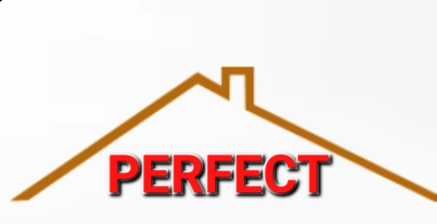 Uproszczony brązowy kontur domu z czerwonym napisem 'PERFECT' na białym tle.
