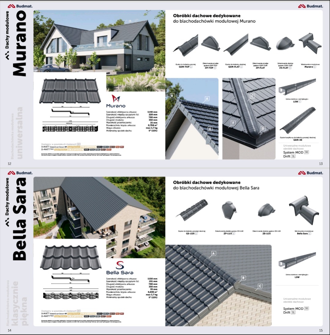 Katalog producenta pokryć dachowych prezentujący blachodachówki modułowe Murano i Bella Sara wraz z dedykowanymi obróbkami dachowymi, przekroje i specyfikacje techniczne.