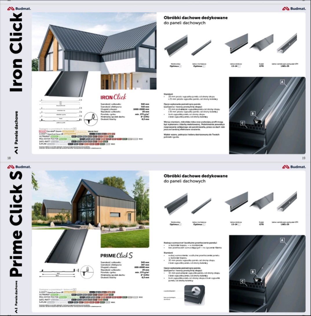 Katalog paneli dachowych Budmat: Iron Click i Prime Click S, prezentujący przekroje, wymiary i detale obróbek dekarskich.