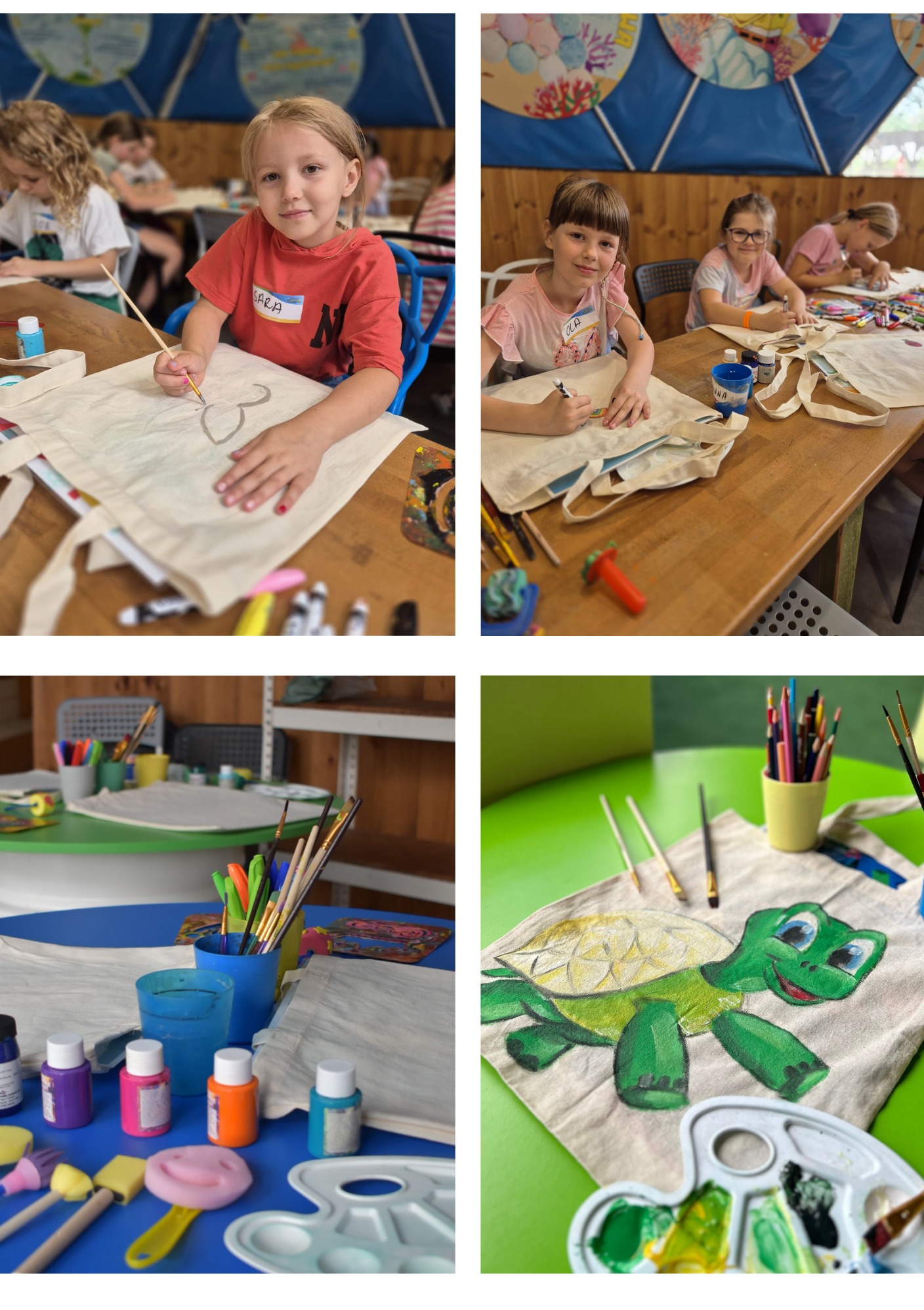 Dzieci uczestniczą w warsztatach plastycznych, malując farbami na bawełnianych torbach; na stole pędzle, farby i palety; na jednej z toreb namalowany zielony żółw.
