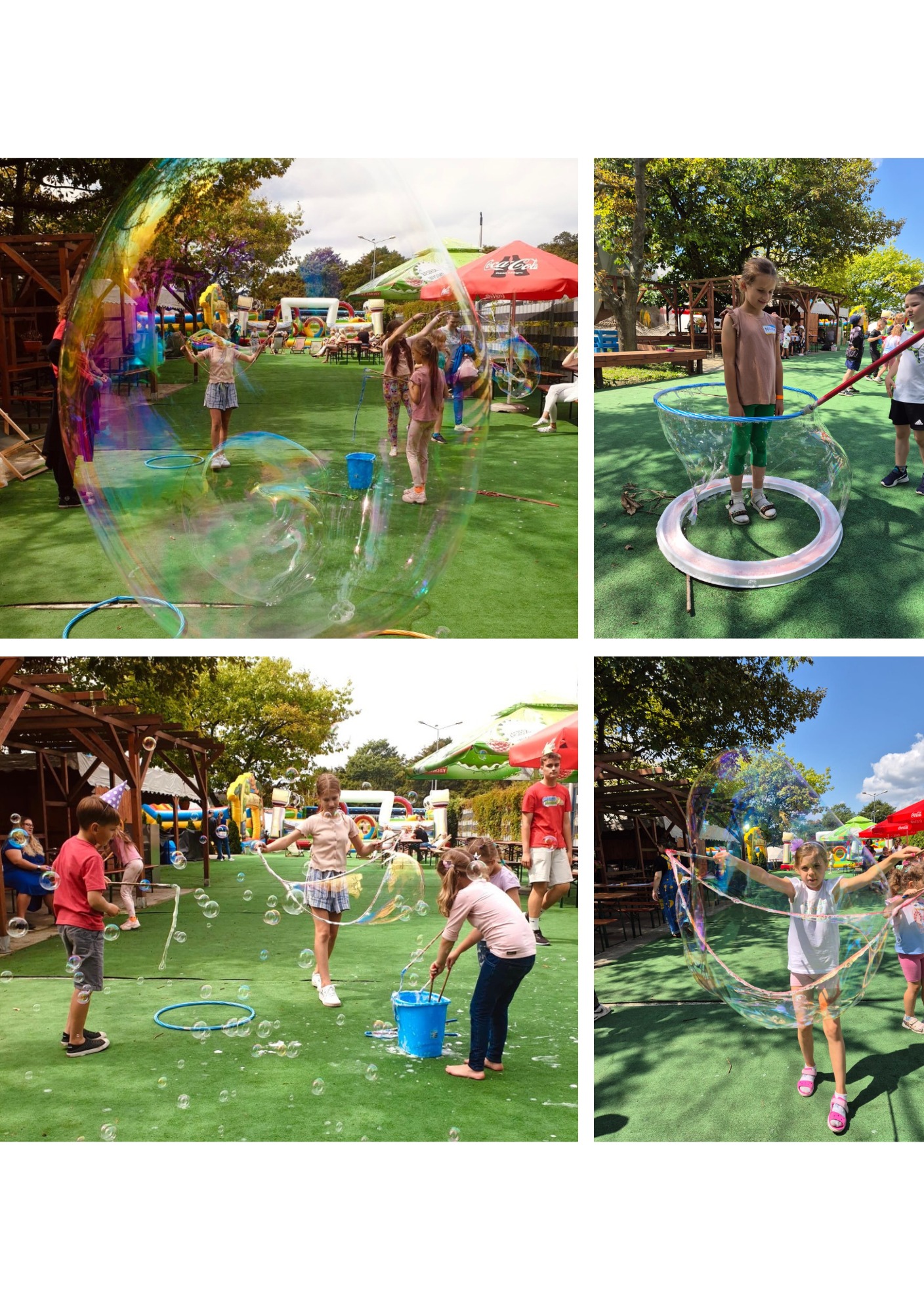 Kolaż zdjęć przedstawiający dzieci bawiące się w puszczanie ogromnych baniek mydlanych na zielonej trawie, z widocznymi rekwizytami i akcesoriami do tworzenia baniek.