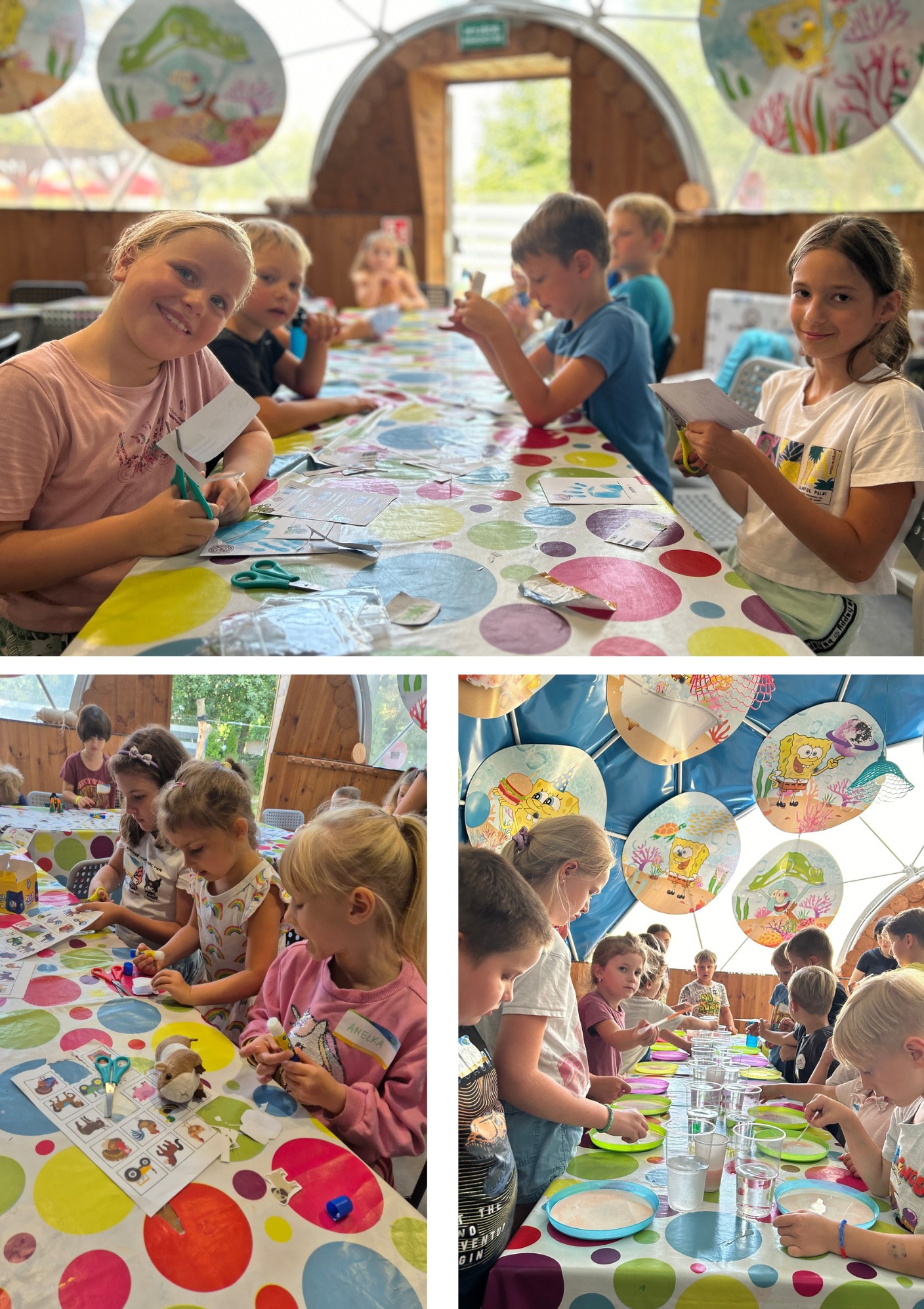 Dzieci przy stole podczas warsztatów kreatywnych: wycinanie elementów z papieru, używanie kleju, dekoracje tematyczne z motywami morskimi i SpongeBoba.