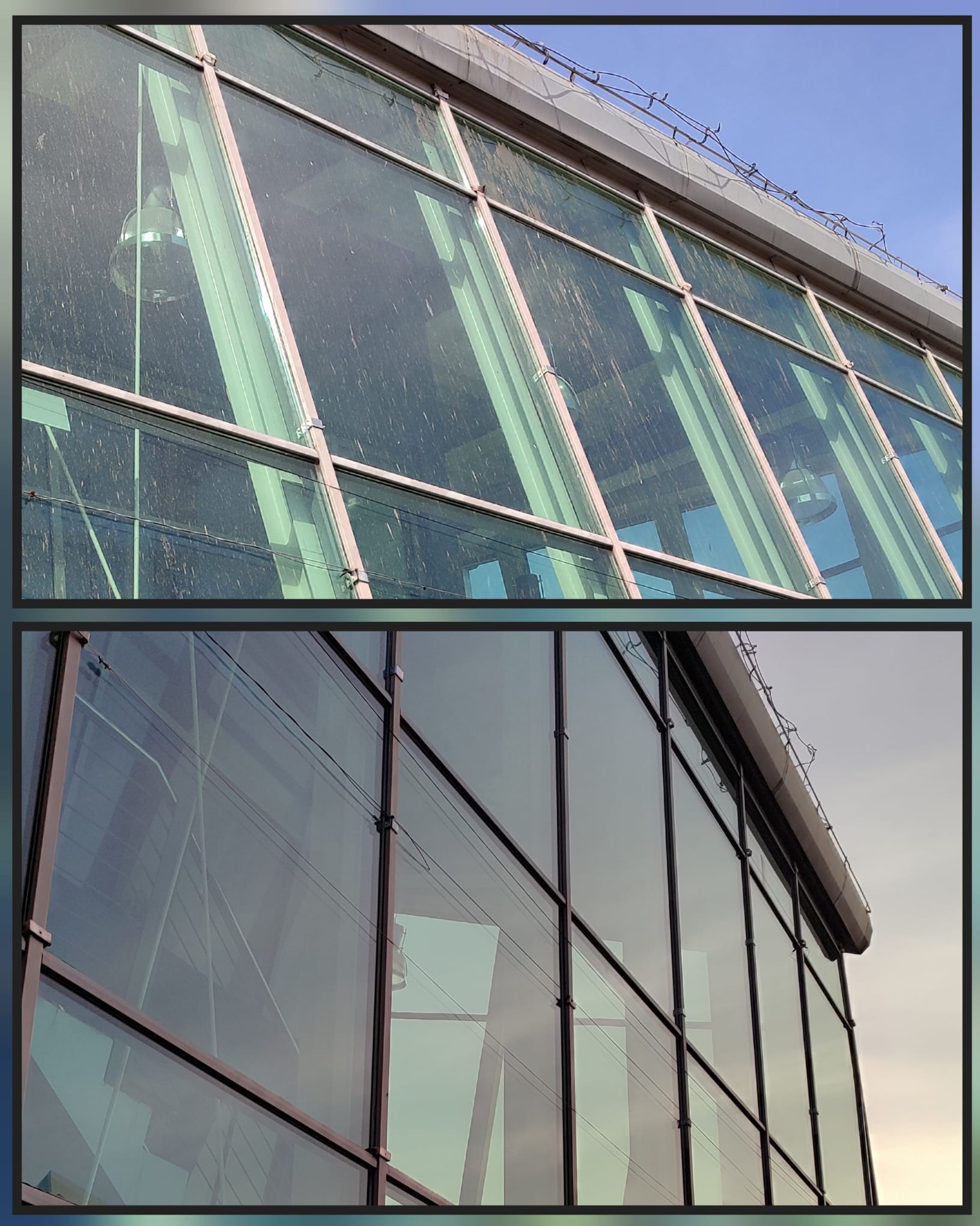 Sarni Stok mycie przeszkleń wodą demineralizowaną przed i po.