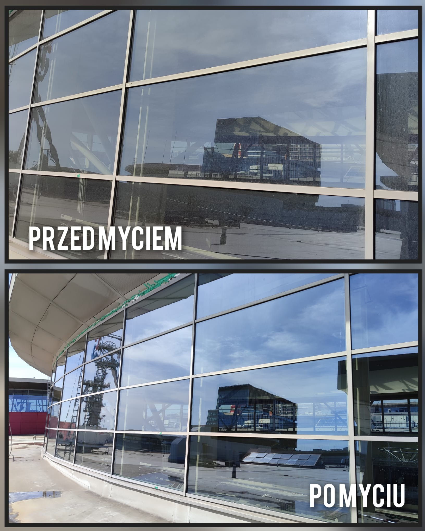 Porównanie: okna budynku biurowego przed i po umyciu wodą demineralizowaną, widoczna różnica w czystości i przejrzystości szyb.