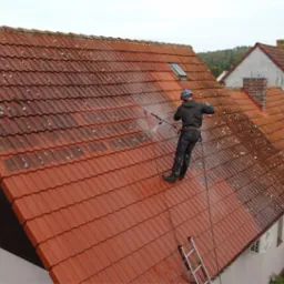 Czyszczenie czerwonej dachówki z mchu myjką ciśnieniową. Widoczna różnica między czystą a zabrudzoną częścią dachu. Pracownik w uprzęży, drabina oparta o budynek.