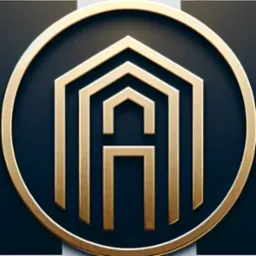 Złote logo w kształcie domu wpisanego w okrąg na ciemnym tle, z wyraźną teksturą metalu.