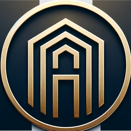 Złote logo w kształcie domu wpisanego w okrąg na ciemnym tle, z wyraźną teksturą metalu.
