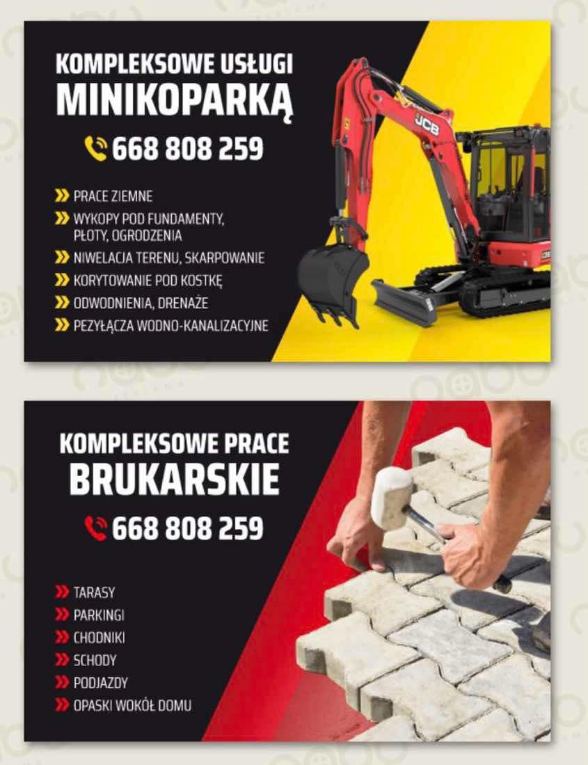 Grafika reklamowa firmy budowlanej: górna część prezentuje minikoparkę JCB na żółtym tle z ofertą usług ziemnych, wykopów, niwelacji terenu i drenażu; dolna część pokazuje układanie kostki brukowej...