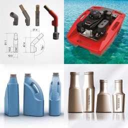 Studio Projektowe MH-art - Kompozycja czterech renderingów 3D: schemat techniczny z wymiarami elementu, czerwona pływająca platforma z silnikiem na wodzie, trzy niebieskie plastikowe kanistry z uchwytami, cztery smukłe...