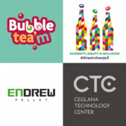 Kompozycja czterech logotypów: Bubble tea'm w żywych kolorach, trzy butelki w stylu mozaiki z hasłem Diversity Equity & Inclusion, Endrew Pellet w zieleni i czerni oraz CTC Ceglana Technology...
