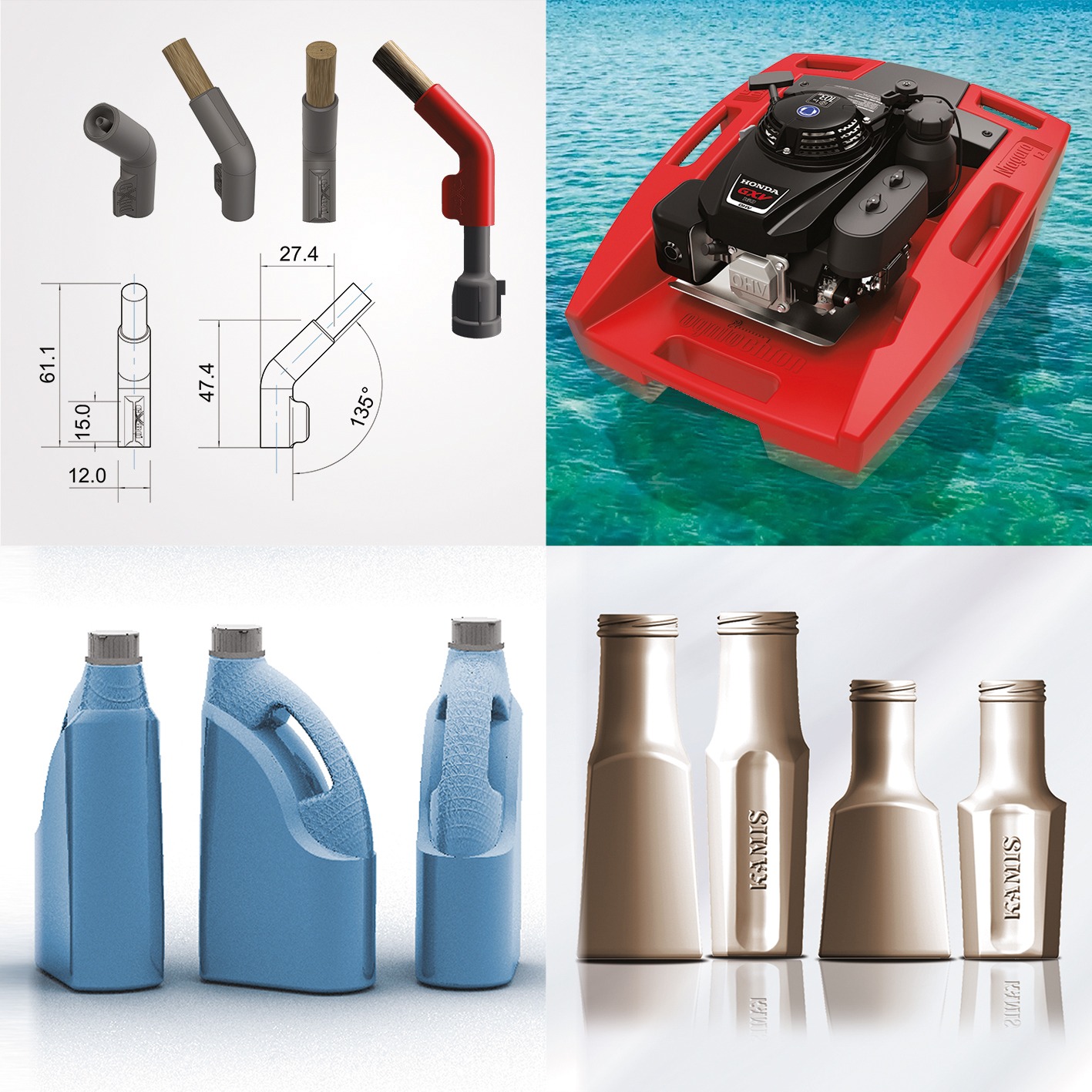 Kompozycja czterech renderingów 3D: schemat techniczny z wymiarami elementu, czerwona pływająca platforma z silnikiem na wodzie, trzy niebieskie plastikowe kanistry z uchwytami, cztery smukłe...