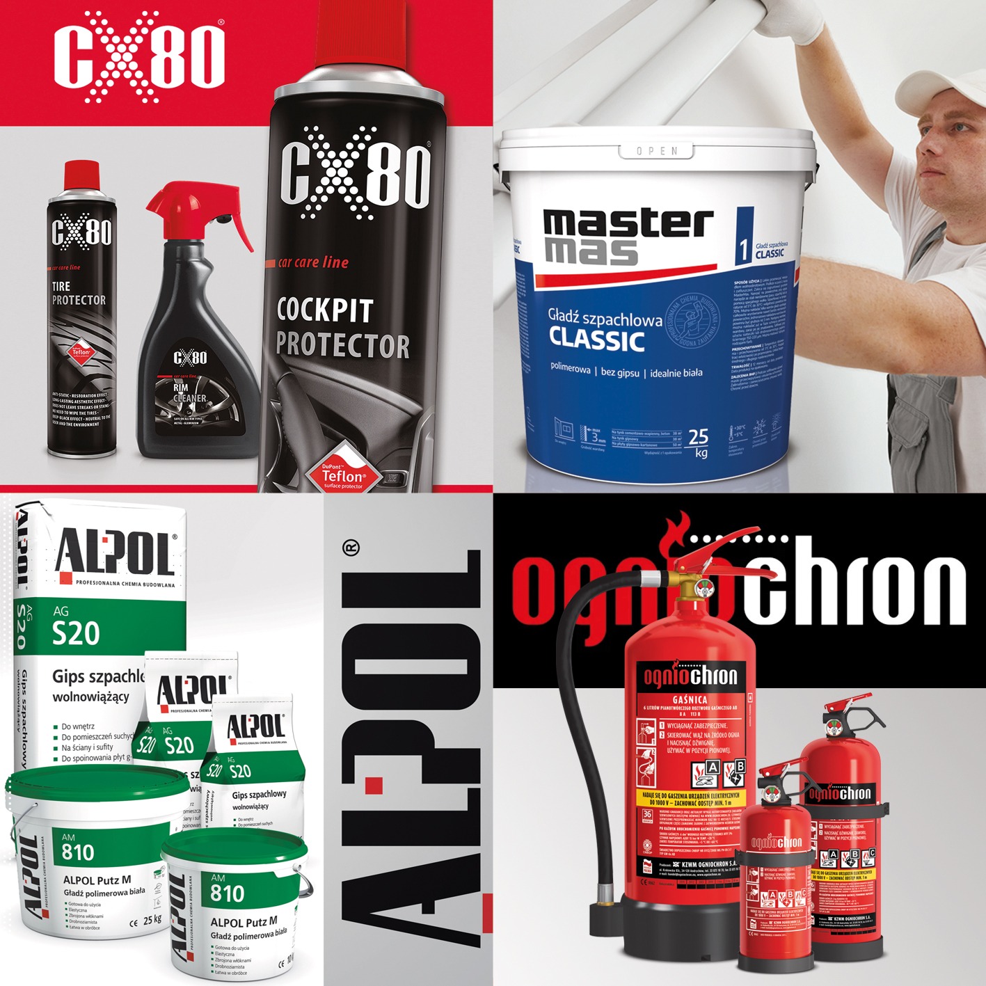 Zestaw produktów do pielęgnacji samochodu CX80, wiadro z gładzią szpachlową Master Mas, produkty Alpol do gipsowania i szpachlowania oraz gaśnice Ogniochron na kolażu.