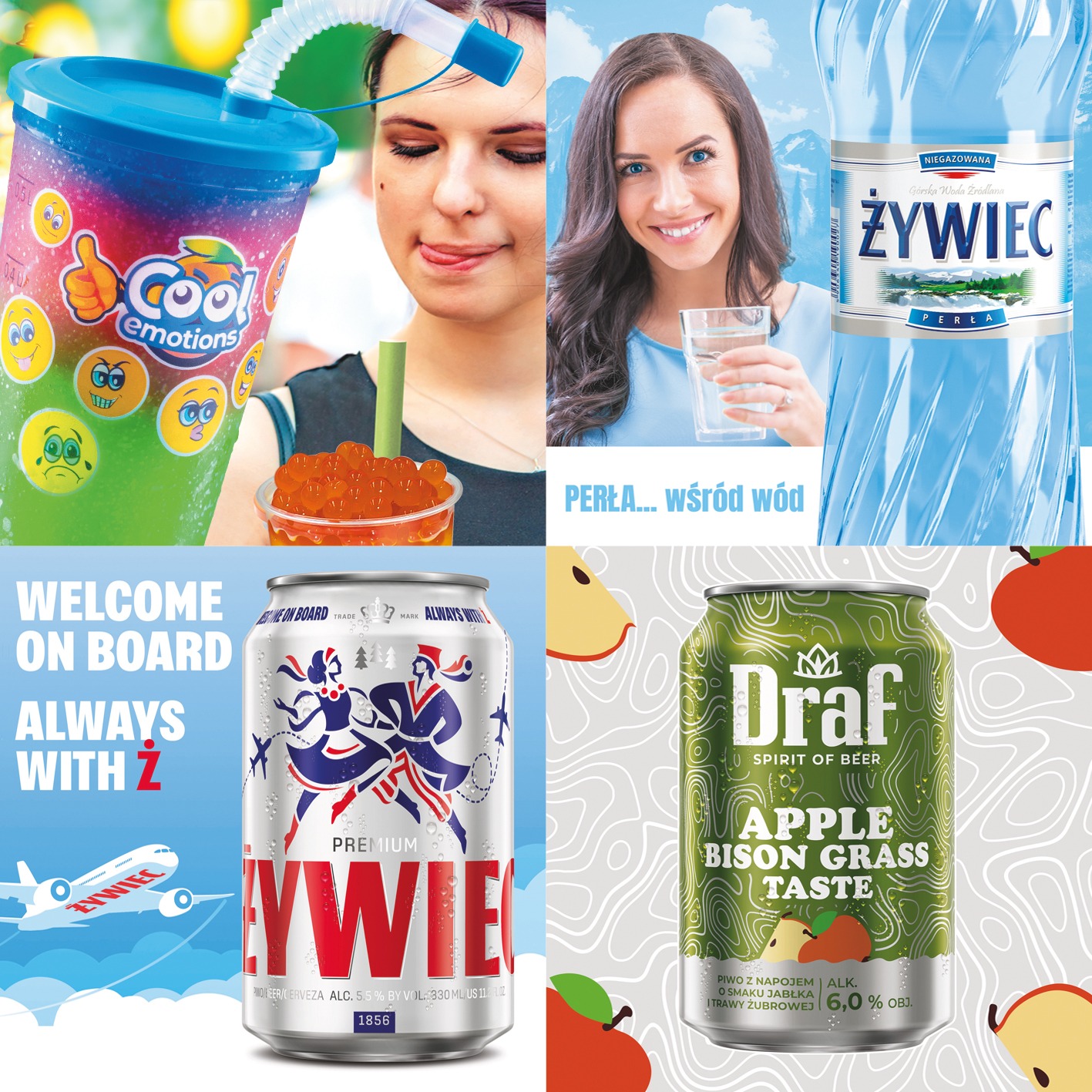 Kompozycja czterech produktów spożywczych: napoju w kubku z emotikonami, wody w butelce z górskim tłem, puszki piwa z motywem ludowym i puszki piwa jabłkowo-żubrówkowego.