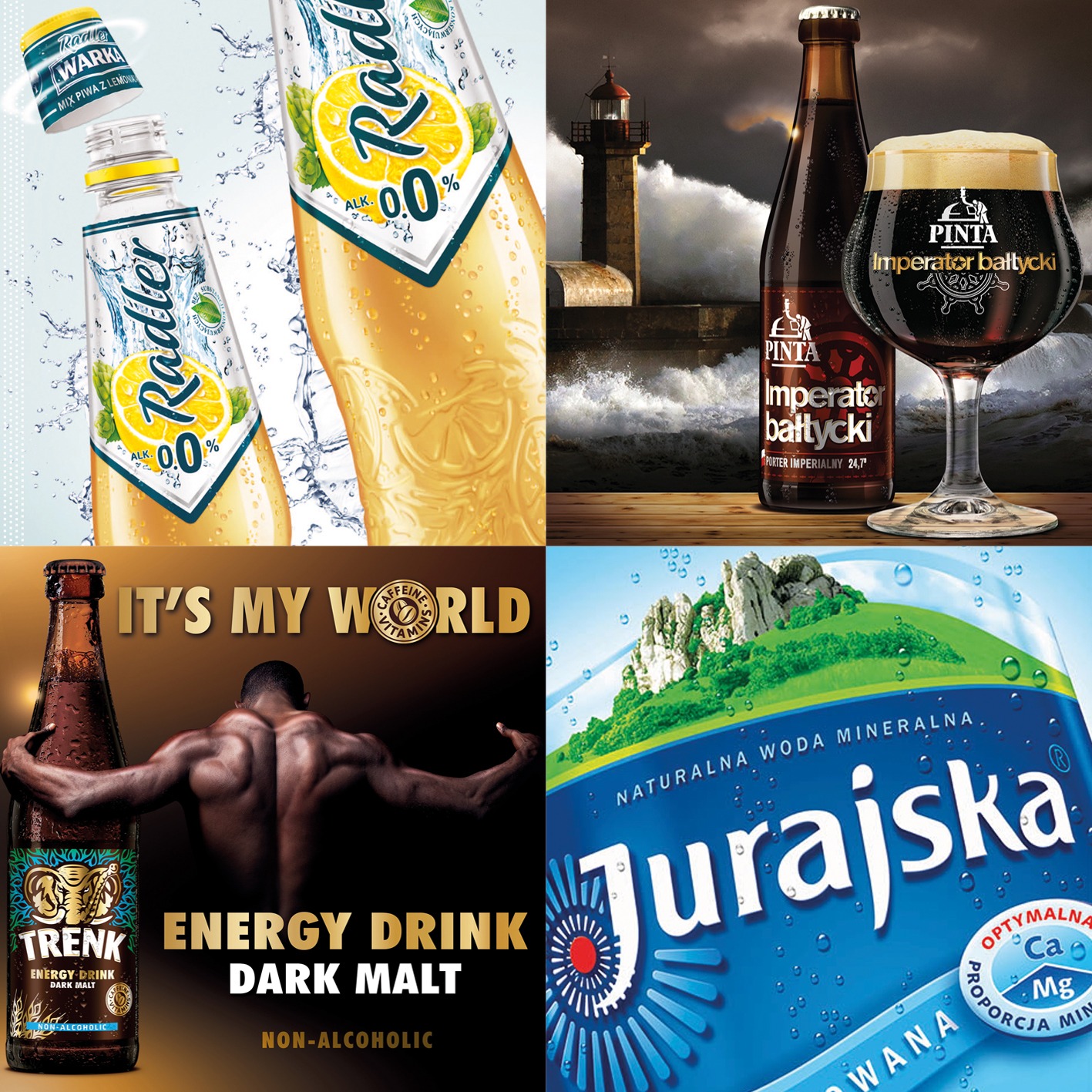 Kompozycja czterech reklam napojów: Radler, Pinta Imperator Bałtycki, Trenk Energy Drink Dark Malt i Jurajska woda mineralna, z różnymi tłami i elementami wizualnymi.