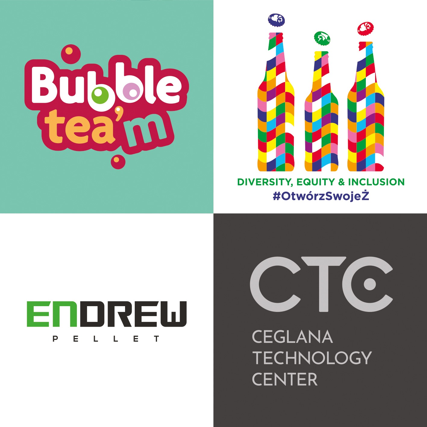 Kompozycja czterech logotypów: Bubble tea'm w żywych kolorach, trzy butelki w stylu mozaiki z hasłem Diversity Equity & Inclusion, Endrew Pellet w zieleni i czerni oraz CTC Ceglana Technology...